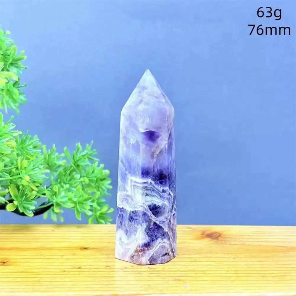 Fantasy Amethyst tower with purple and white quartz layers, a 76mm faceted point for meditation and spiritual calm.