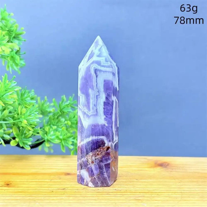 Fantasy Amethyst tower with purple and white quartz layers, a 78mm faceted point for meditation and spiritual calm.