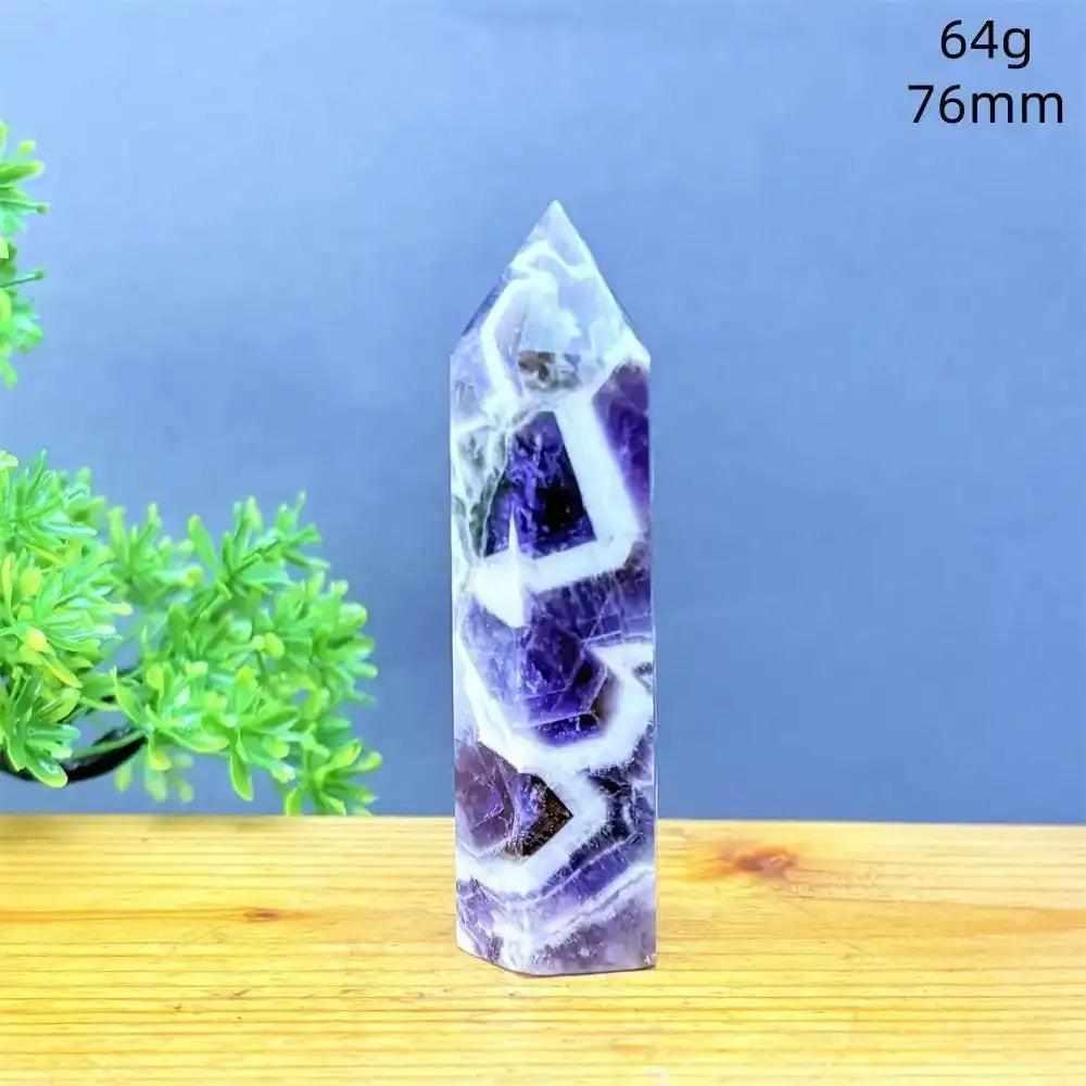 Fantasy Amethyst tower with purple and white quartz layers, a faceted point for meditation, 76mm tall, 64g.