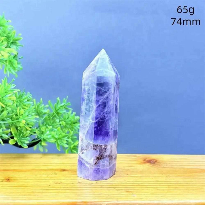 Hand-polished Fantasy Amethyst tower with purple and white quartz layers, perfect for meditation and crown chakra healing.