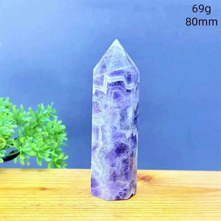 Fantasy Amethyst tower with purple and white quartz layers, a faceted point for meditation, 80mm tall, 69g.