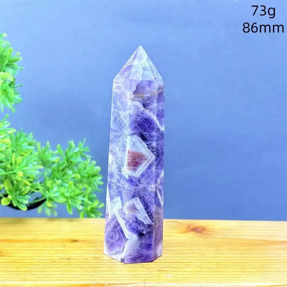 Fantasy Amethyst tower with layered purple and white quartz, a faceted 86mm point for meditation and Crown chakra healing.