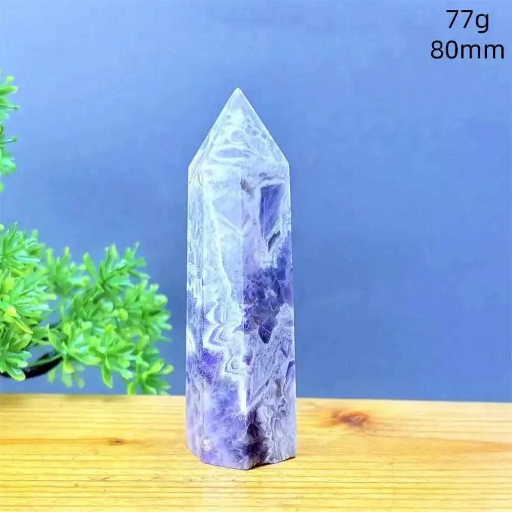 Fantasy Amethyst tower with layered purple and white quartz, an 80mm faceted point for meditation and intuition.