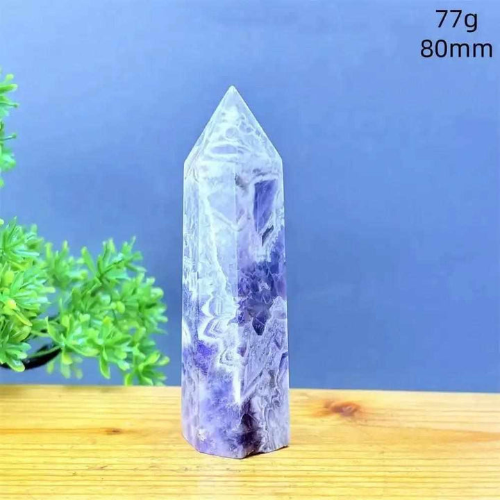 Fantasy Amethyst tower with layered purple and white quartz, an 80mm faceted point for meditation and intuition.