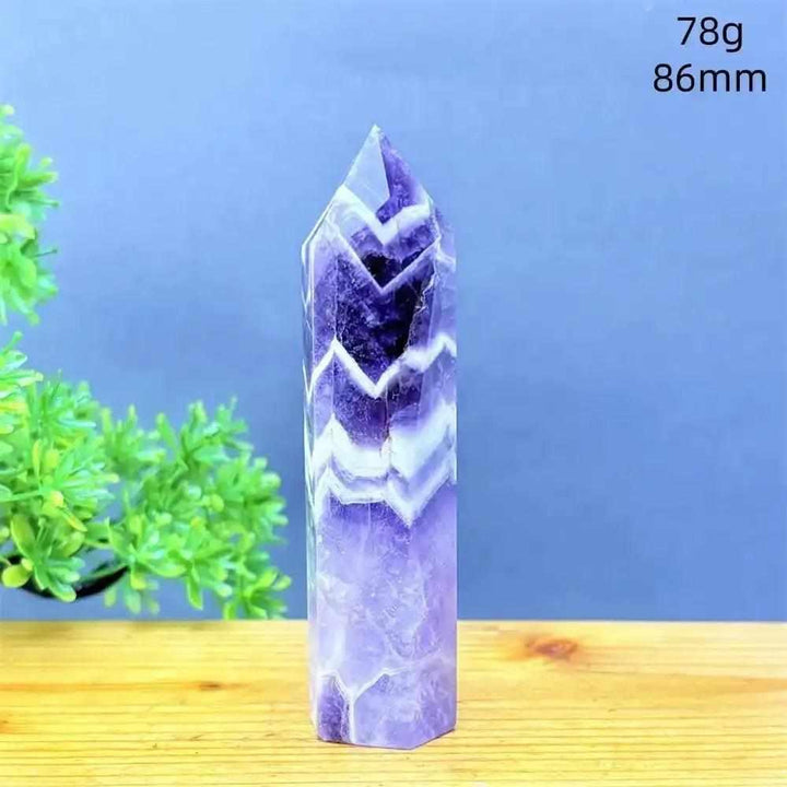 Fantasy Amethyst tower with layered purple and white quartz, 86mm tall, perfect for meditation and crown chakra healing.