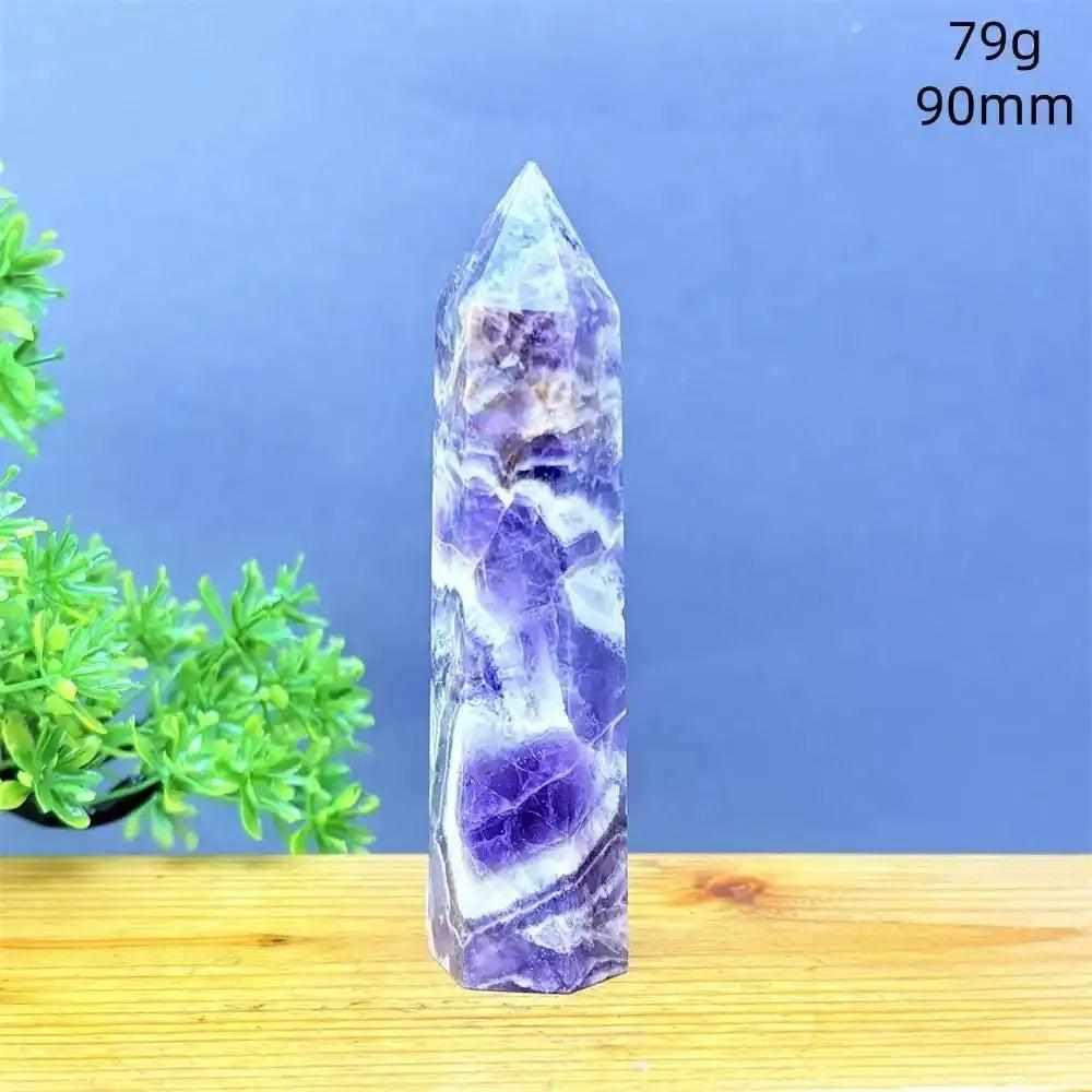 Fantasy Amethyst tower with purple and white quartz layers, a 90mm faceted point for meditation and Crown chakra energy.