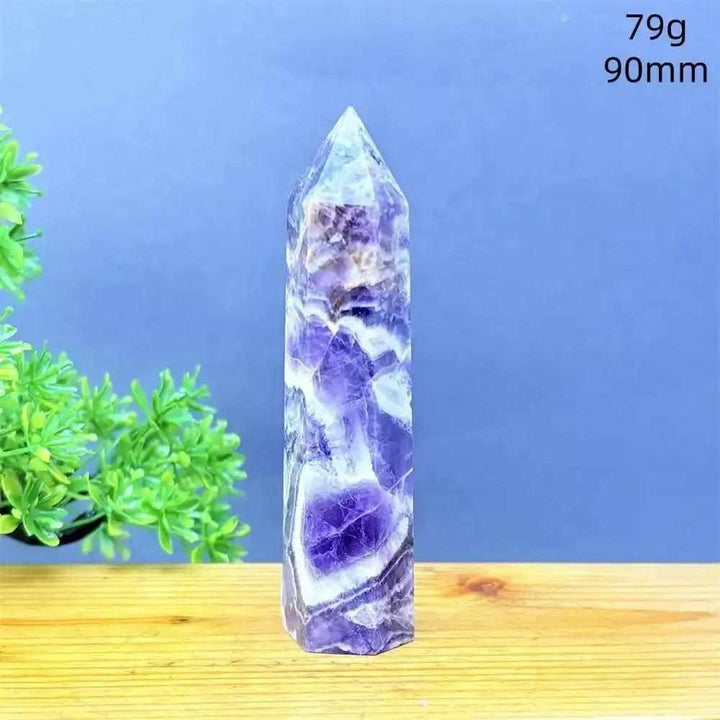 Fantasy Amethyst tower with purple and white quartz layers, a 90mm faceted point for meditation and Crown chakra energy.