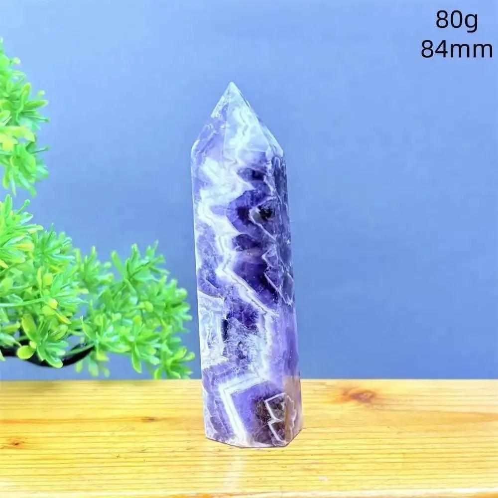 Fantasy Amethyst tower with purple and white quartz layers, an 84mm faceted point for meditation and Crown chakra healing.