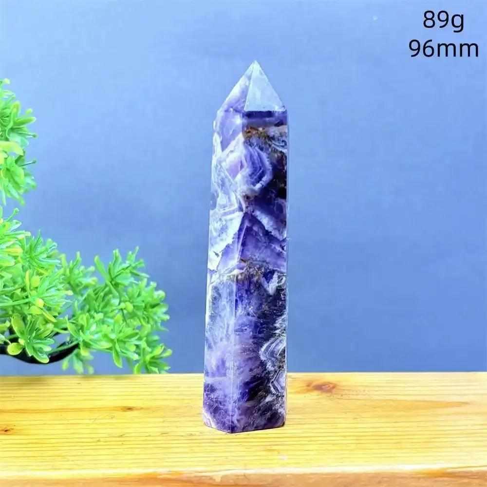 Fantasy Amethyst tower with layered purple and white quartz, 96mm tall, perfect for meditation and chakra balancing.