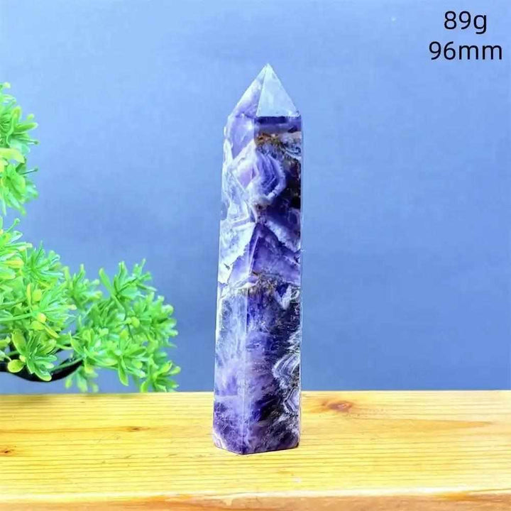 Fantasy Amethyst tower with layered purple and white quartz, 96mm tall, perfect for meditation and chakra balancing.