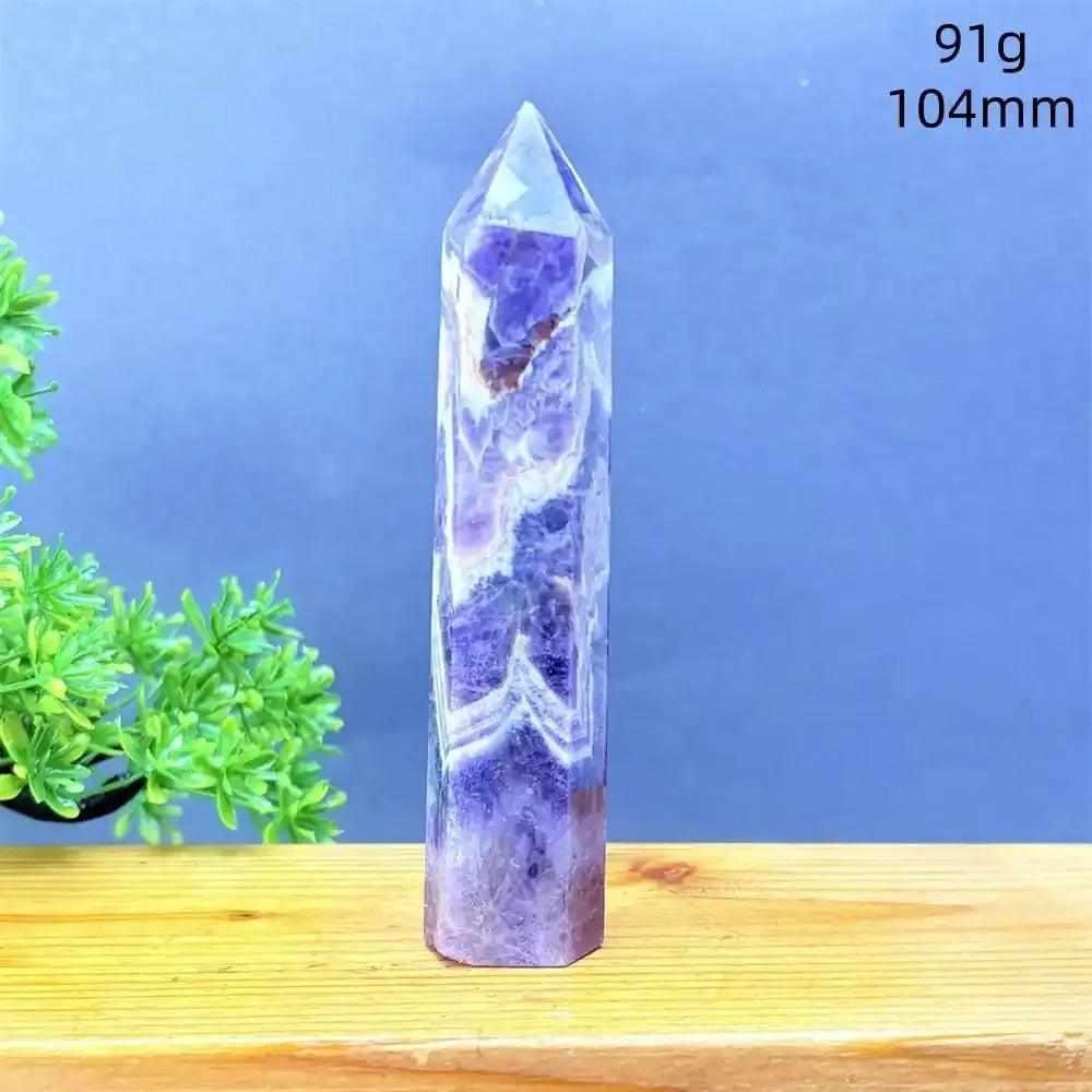Hand-polished Fantasy Amethyst tower with purple and white quartz layers, perfect for meditation and crown chakra healing.