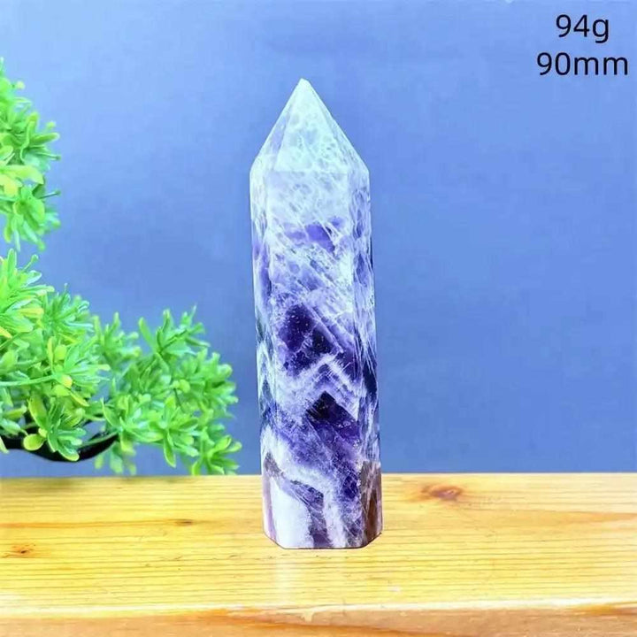Fantasy Amethyst tower with layered purple and white quartz, a 90mm faceted crystal point for meditation and calm.