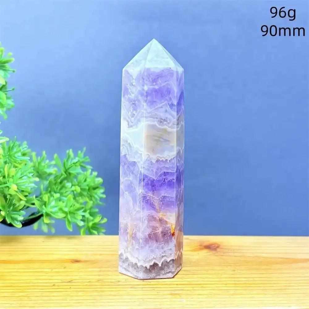 Fantasy Amethyst tower with layered purple and white quartz, a hand-polished crystal point for meditation and calm.