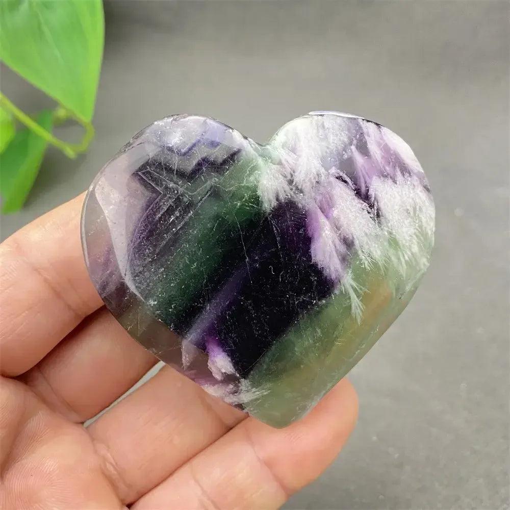 Polished Feather Fluorite Crystal Heart with stunning bands of purple, green, blue, and clear tones for mental clarity.