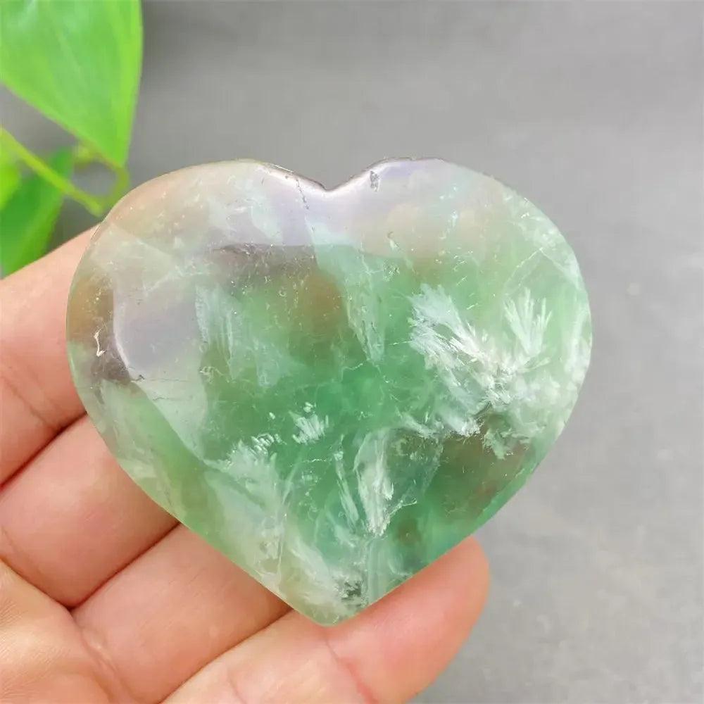 Polished Feather Fluorite Crystal Heart, showcasing calming bands of purple, green, blue, and clear tones for mental clarity.
