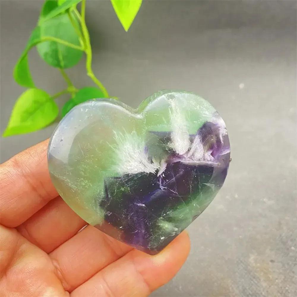Polished Feather Fluorite Crystal Heart with stunning bands of purple, green, and clear tones for mental clarity and focus.
