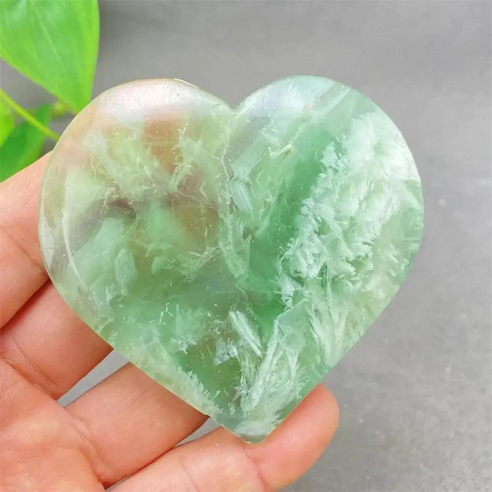 Polished Feather Fluorite Crystal Heart, showcasing calming green, purple, and clear tones for mental clarity and focus.