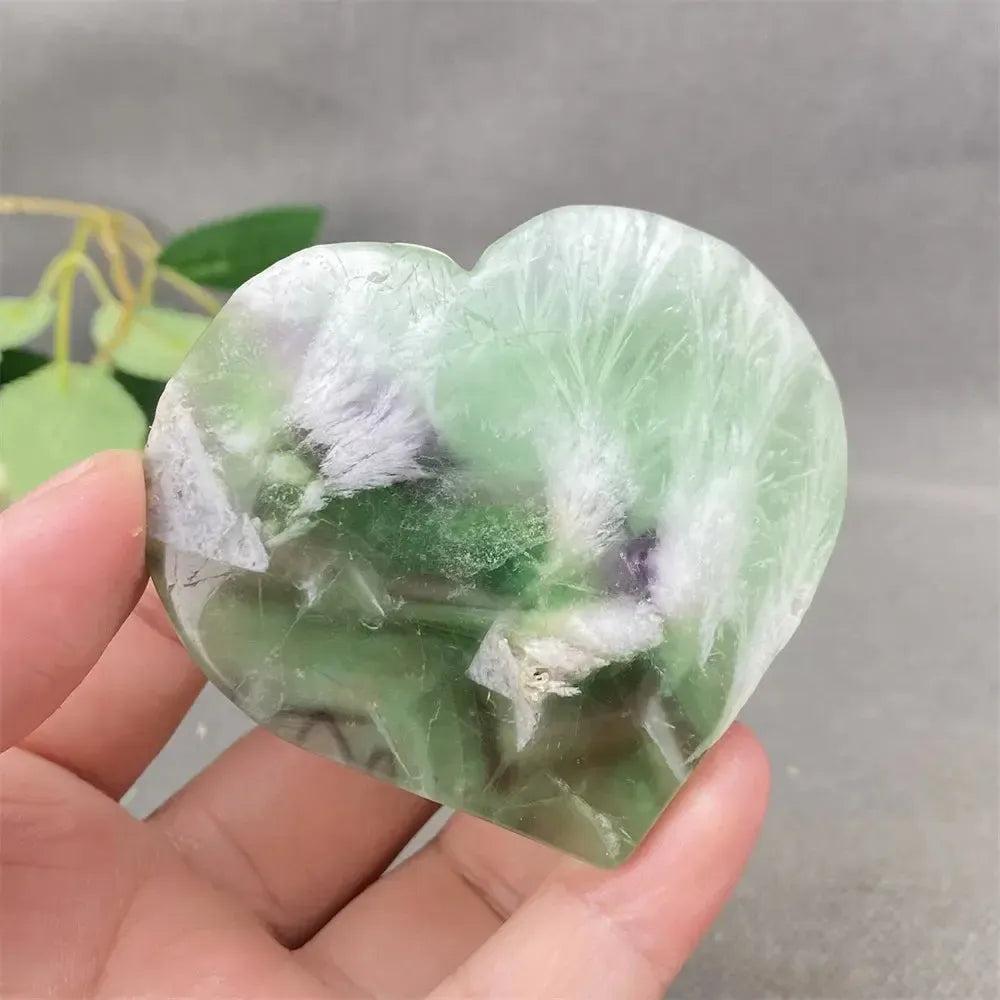 Feather Fluorite Crystal Heart: Polished green, purple, and white heart-shaped crystal for mental clarity and focus.