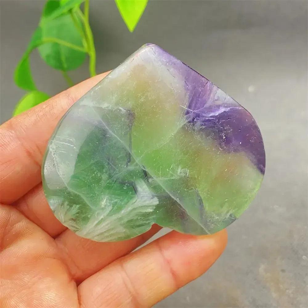 Polished Feather Fluorite Crystal Heart with vibrant purple, green, and clear tones for mental clarity and emotional balance.