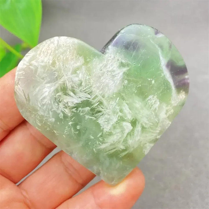 Polished Feather Fluorite Crystal Heart with stunning bands of purple, green, blue, and clear tones for mental clarity.