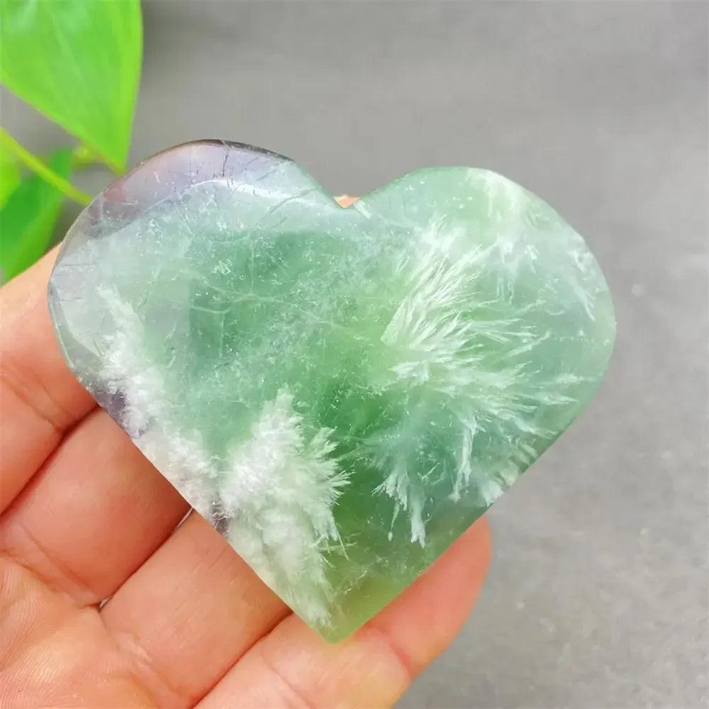 Feather Fluorite Crystal Heart: Polished green, purple, and white heart-shaped crystal for mental clarity and focus.