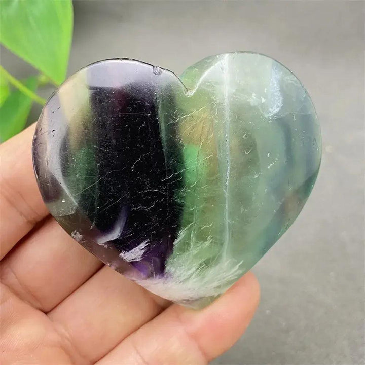 Polished Feather Fluorite Crystal Heart with stunning bands of purple, green, blue, and clear tones for mental clarity.