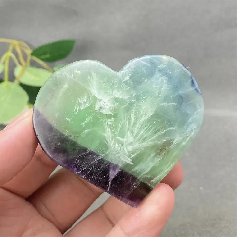 Polished Feather Fluorite Crystal Heart with vibrant purple, green, and blue tones for mental clarity and emotional balance.