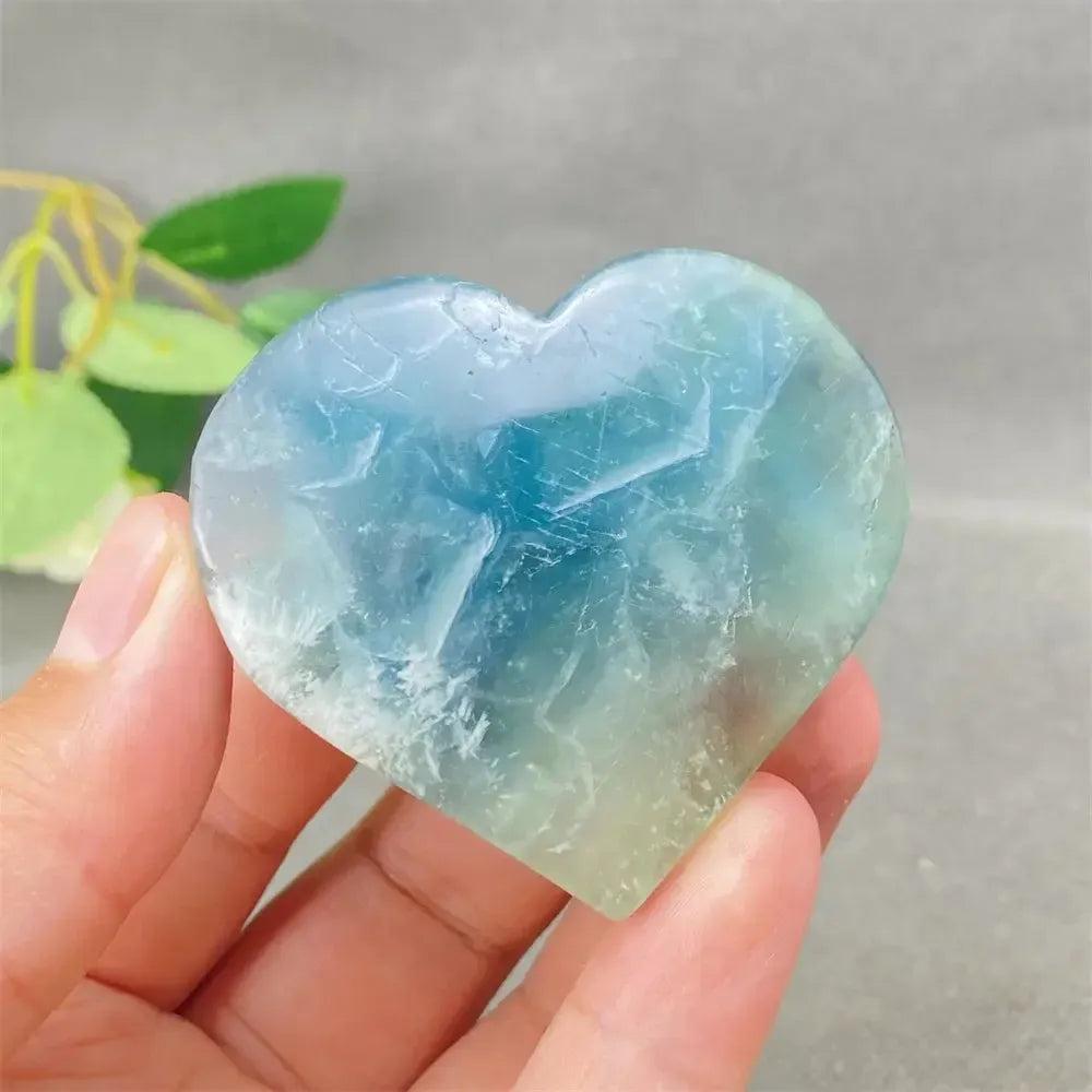Polished Feather Fluorite Crystal Heart with calming bands of blue, green, and clear tones for mental clarity and focus.