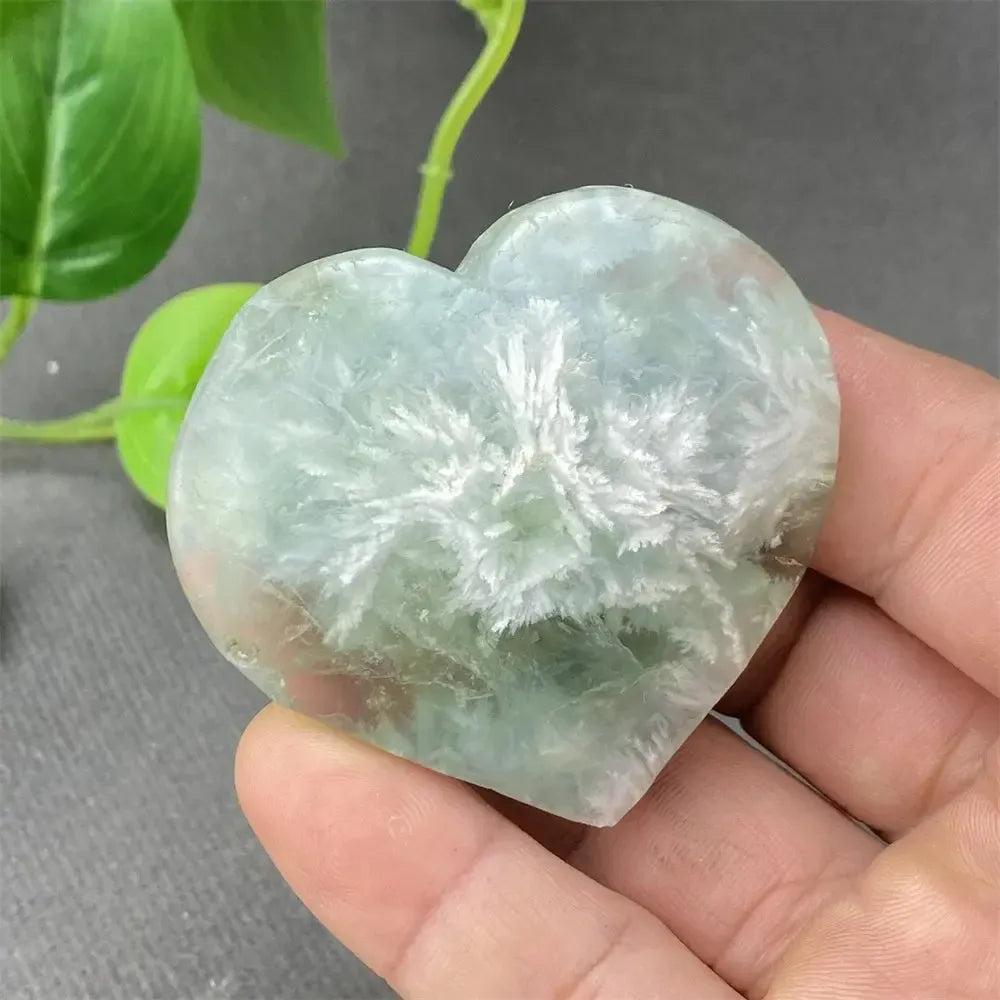 Feather Fluorite Crystal Heart: Polished green, blue, and white heart-shaped crystal for mental clarity and focus.