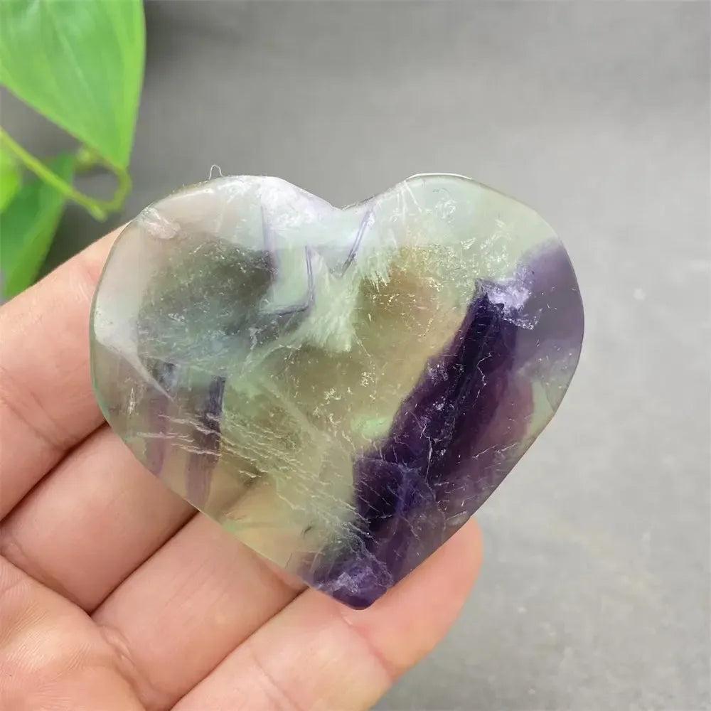 Polished Feather Fluorite Crystal Heart with stunning bands of purple, green, and clear tones for mental clarity and focus.