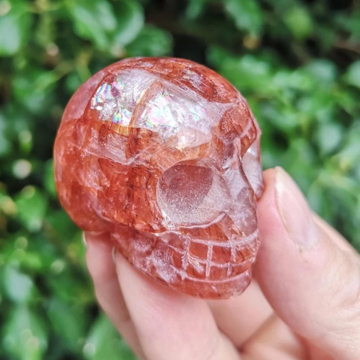 Hand-carved natural Fire Quartz skull ornament with vibrant red hues and shimmering iridescent inclusions for healing.