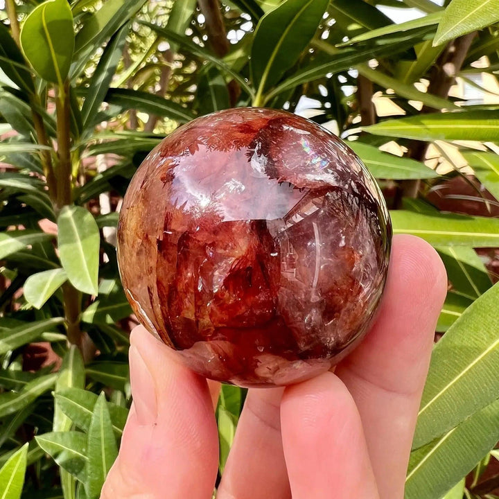 Crystal Destiny Fire Quartz Hematoid Sphere with fiery red-orange inclusions, held against green foliage.