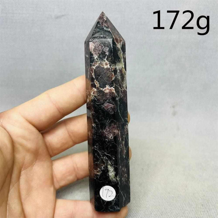 Fireworks Garnet Tower featuring red crystals in a dark matrix, a polished 172g grounding stone for root chakra energy.