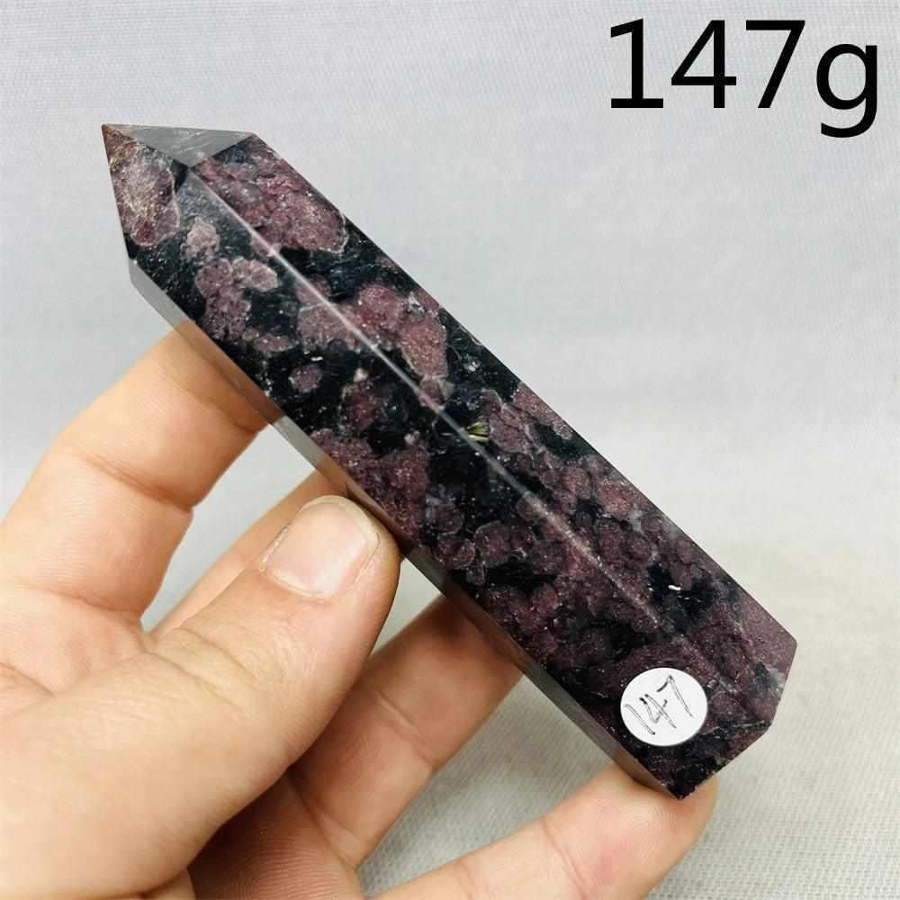 Fireworks Garnet Tower featuring red crystals in a dark matrix, a 147g polished stone for grounding and vitality.