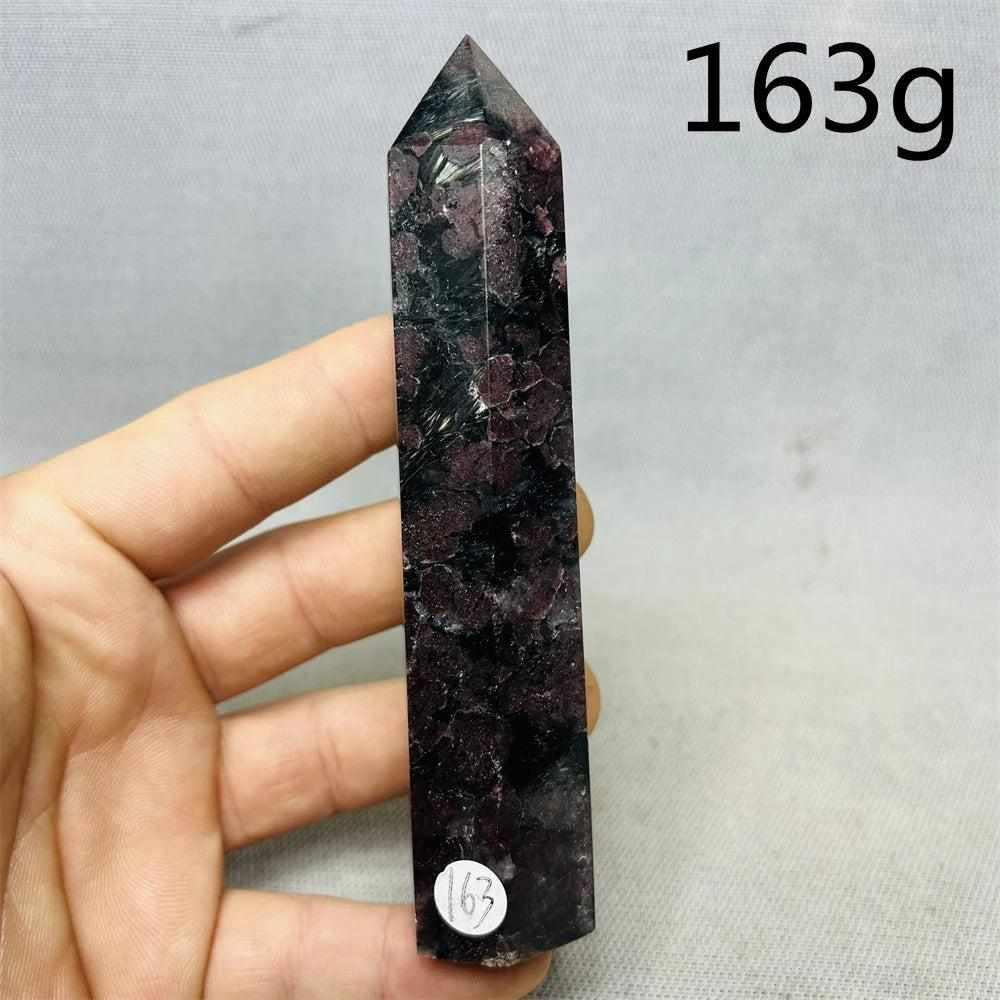 Polished Fireworks Garnet tower featuring deep red crystals in a dark matrix, perfect for grounding and root chakra energy.