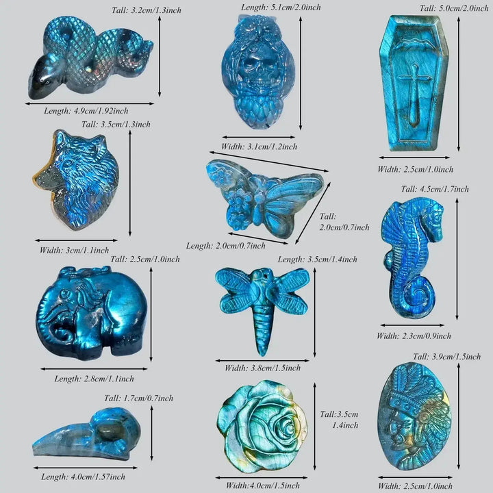 Flashy Labradorite Animal Carvings-Carvings-Ali-Wolf Head-See Chart-Crystal Destiny