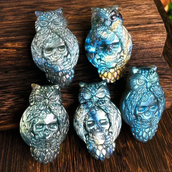 Flashy Labradorite Animal Carvings-Carvings-Ali-Skull Owl-See Chart-Crystal Destiny