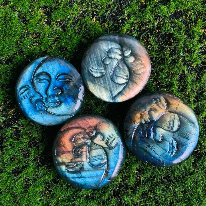 Flashy Labradorite Animal Carvings-Carvings-Ali-Sun Moon Face-See Chart-Crystal Destiny