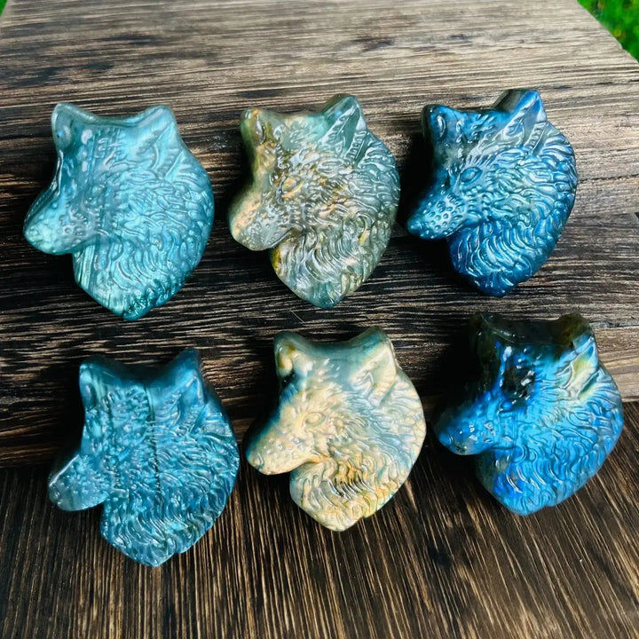 Flashy Labradorite Animal Carvings-Carvings-Ali-Wolf Head-See Chart-Crystal Destiny