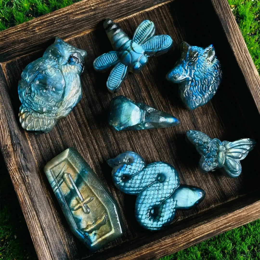 Flashy Labradorite Animal Carvings-Carvings-Ali-Wolf Head-See Chart-Crystal Destiny