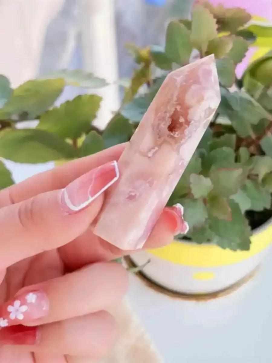 Polished flower agate tower with soft pink blossom plumes for Heart Chakra healing and emotional renewal.