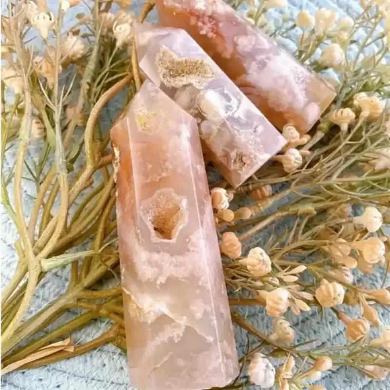 Polished Flower Agate tower with soft pink blossom plumes, perfect for Heart Chakra healing and emotional renewal.
