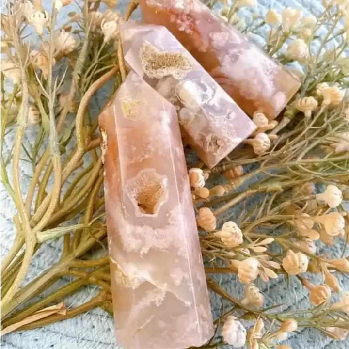 Polished Flower Agate tower with soft pink blossom plumes, perfect for Heart Chakra healing and emotional renewal.