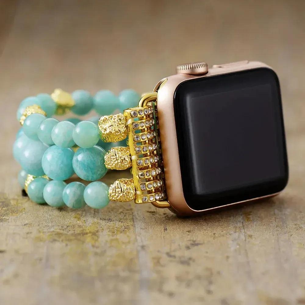 Vibrant turquoise Amazonite & Sunstone Natural Crystal Apple iWatch Band with gold-tone connectors, promoting balance and joy.