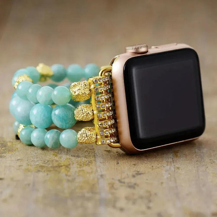 Vibrant turquoise Amazonite & Sunstone Natural Crystal Apple iWatch Band with gold-tone connectors, promoting balance and joy.