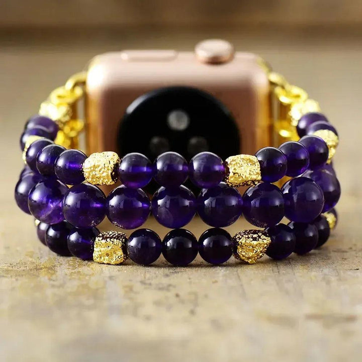 Amethyst Natural Crystal Apple iWatch Band with deep purple beads and gold accents, promoting tranquility and vitality.