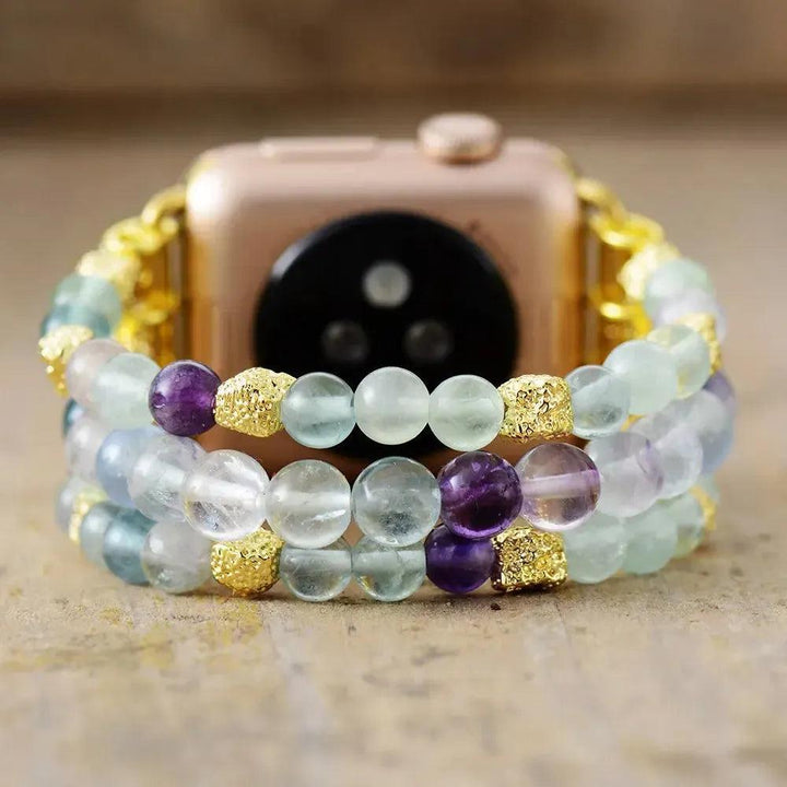 Natural Crystal Apple iWatch Band: Fluorite beads with gold accents for balance and peace.