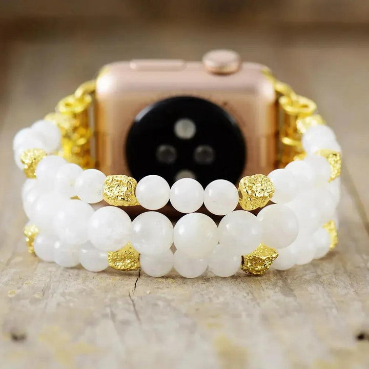 Natural Crystal Apple iWatch Band: White Moonstone beads with gold accents, promoting inner peace and emotional balance.