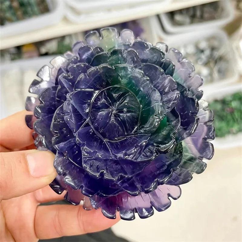 Fluorite Crystal Carved Peony Flower, 100MM, with natural purple and green banding for peace and clarity.
