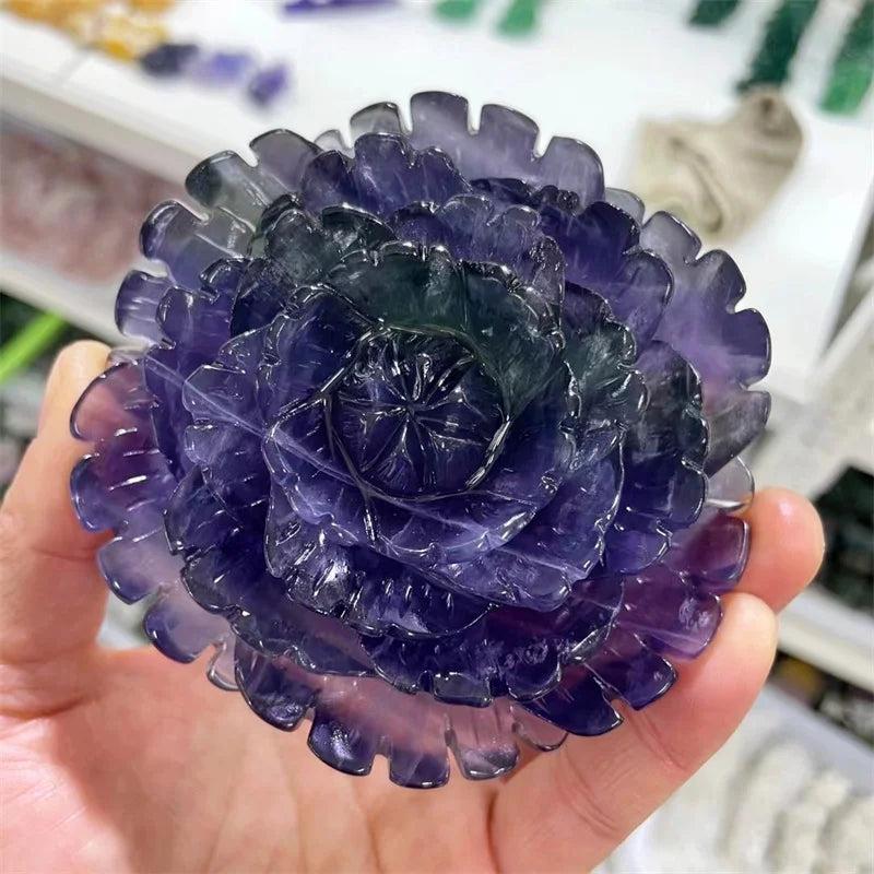 Fluorite Crystal Carved Peony Flower: Hand-polished purple and green fluorite peony for peace and focus.